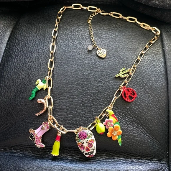 Betsey Johnson Gold and Red Necklace with Playful Charms NEW - Picture 1 of 6